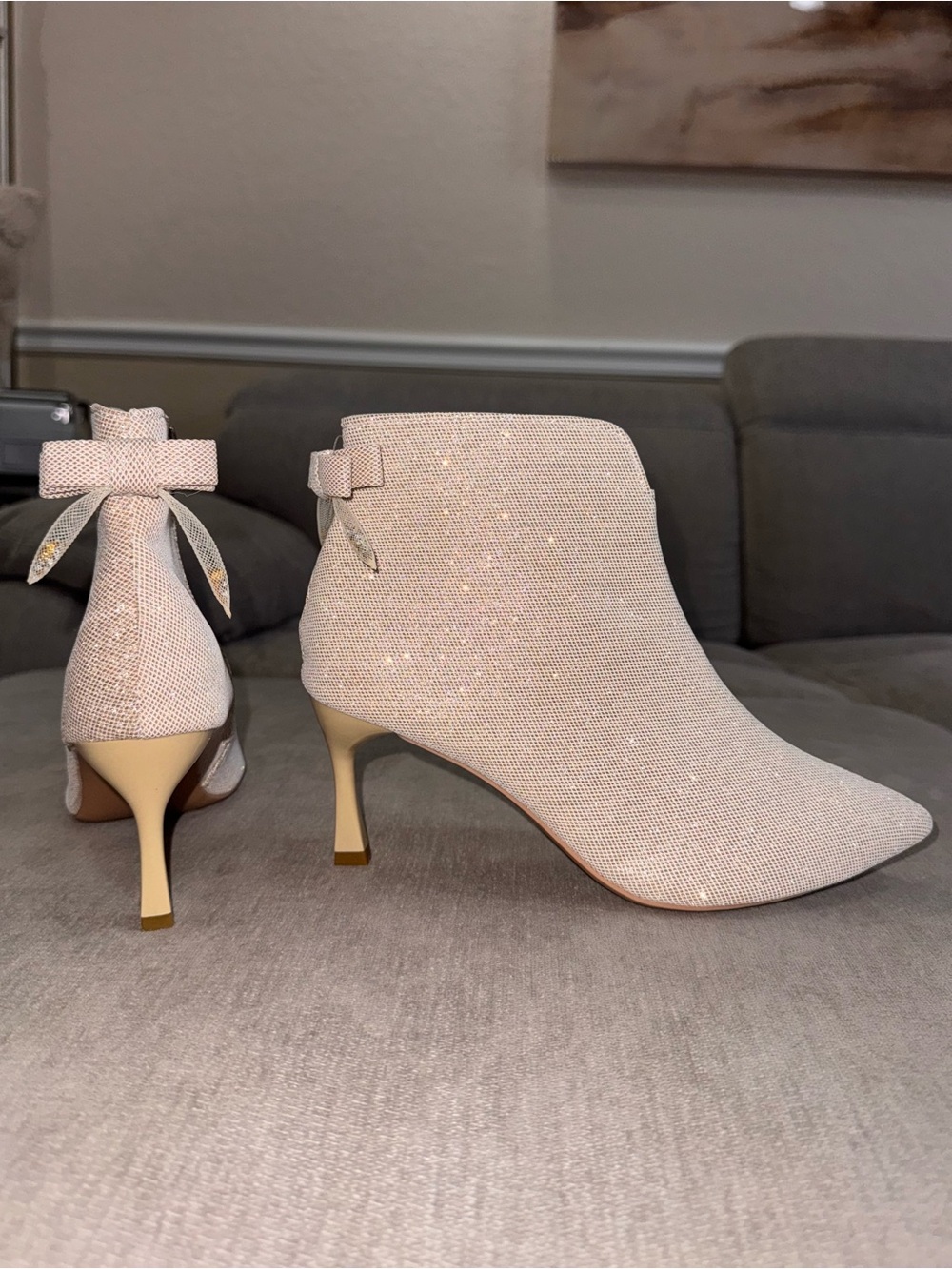 NEW Light Tan Fairy Sparkly Heel Booties with Bow Detail on Back